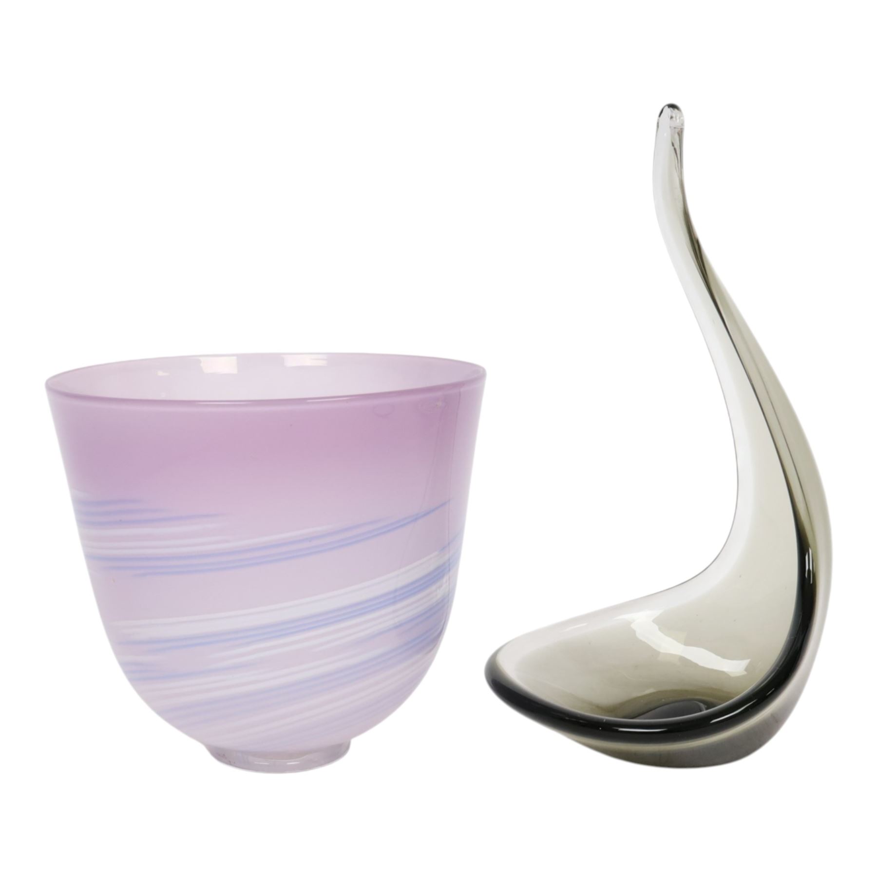 Glass vase, with lilac and vase swirls, indistinct signature beneath, together with Murano uranium glass dish