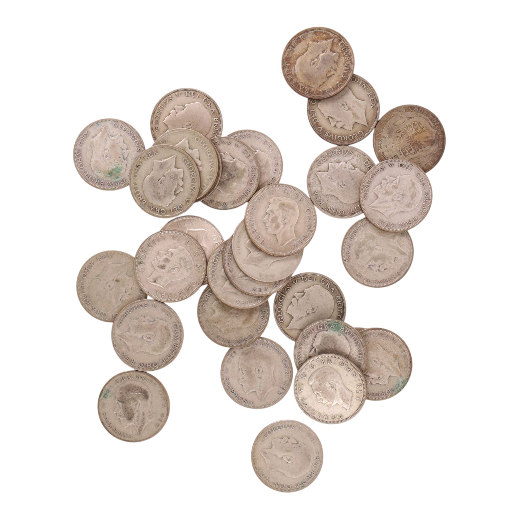 Thirty Great British pre-1947 silver half crown coins