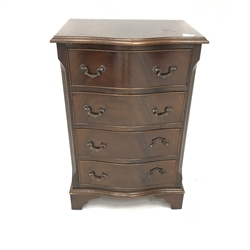 Small Georgian style mahogany cross banded serpentine chest, four drawers, shaped bracket supports, W50cm, H74cm, D36cm