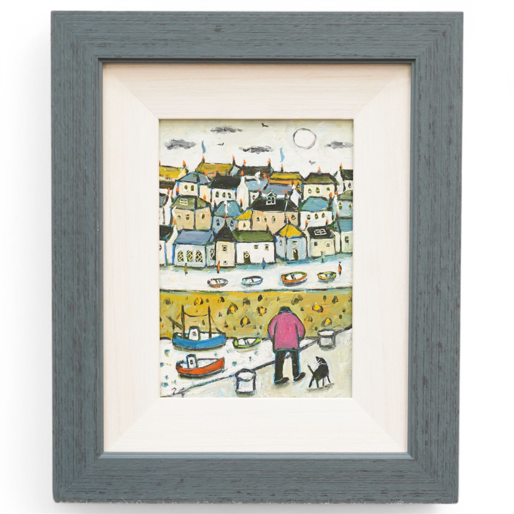 Joan Gillchrest (Cornish 1918-2008): 'St Ives - Walking the Dog', oil on board signed with initials, titled on label verso 17cm x 12cm
Provenance: Peter Hedley Gallery labels verso