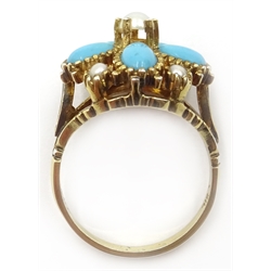  Silver-gilt turquoise and pearl ring, stamped SIL  
