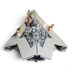Three Lepin Star Wnrs built models, comprising Red Five X-Wing Starfighter no. 05039, Millennium Falcon no. 05132 and Super Star Destroyer no. 05028