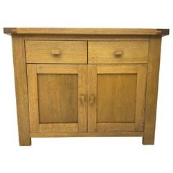 Solid oak sideboard, rectangular top, fitted with two drawers over two cupboards with wooden handles