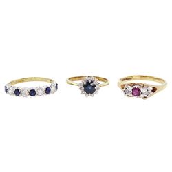 18ct gold single stone sapphire ring, 9ct gold three stone diamond and ruby ring and a 9ct cubic zirconia  half eternity ring, all hallmarked