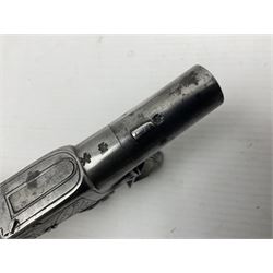 Early 19th century J. Calvert (Leeds) flintlock single barrel tap action pocket pistol, approximately .45 cal., the 4cm (originally) screw off barrel with top safety and walnut stock L16cm overall