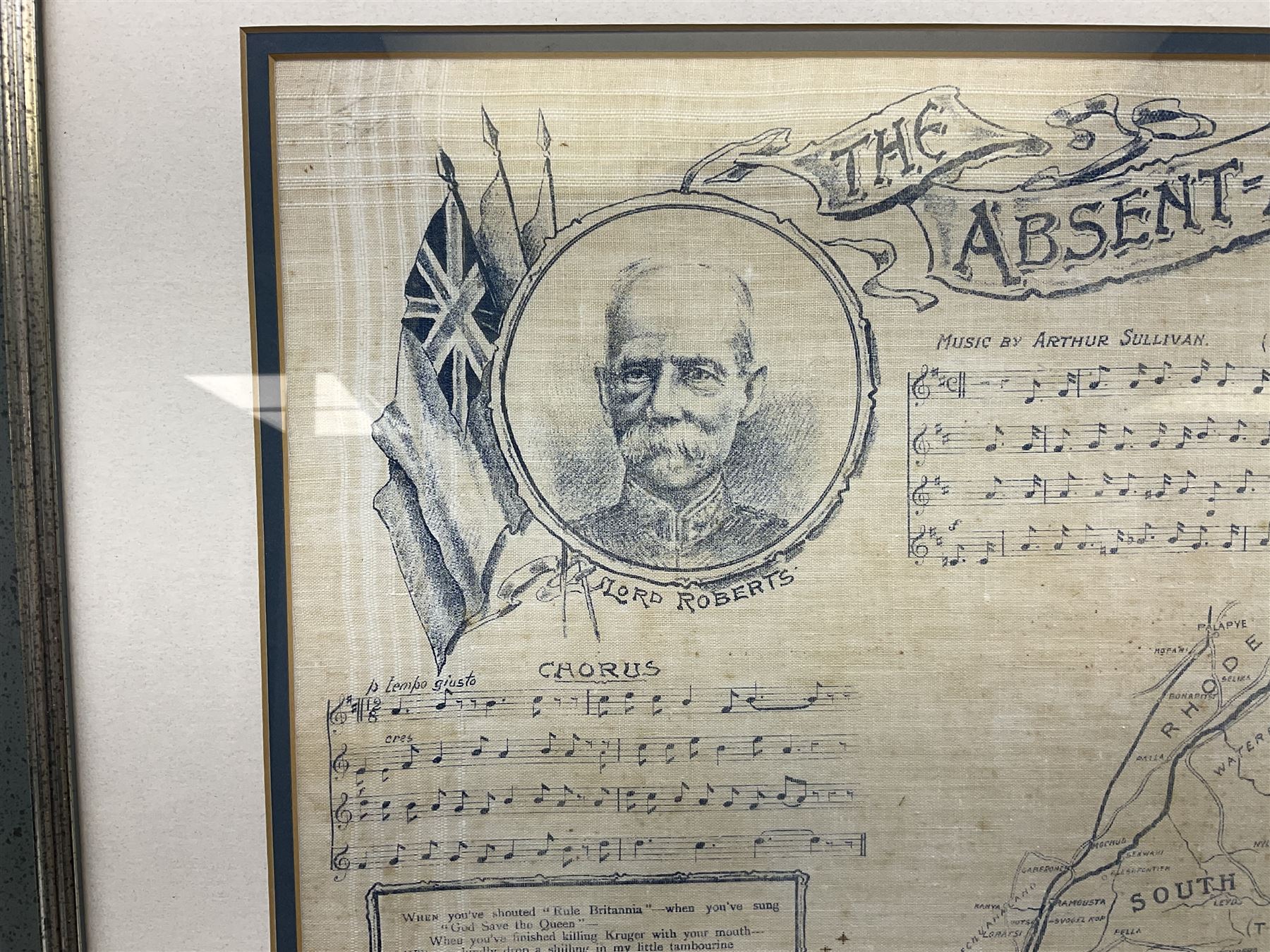 Boer War cotton handkerchief printed with portraits of Lord Roberts and Queen Victoria with a map of Southern Africa and Kipling's The Absent Minded Beggar, framed, handkerchief 44.5 x 43cm