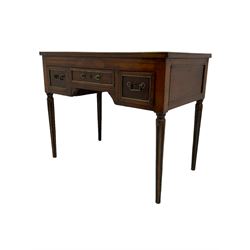 19th century mahogany low-boy side table, fitted with three drawers, inlaid and brass banded top