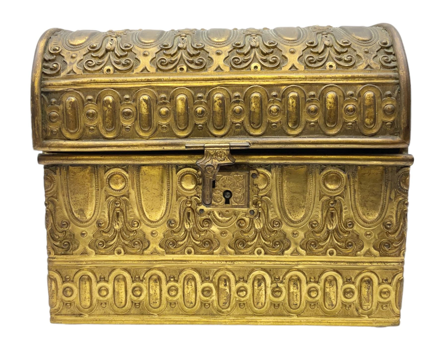 19th century brass repoussé perfume box, the ornately decorated casket with hinged domed cover lifting to reveal gold velvet lined interior containing three glass scent bottles, H14cm W15cm D7cm