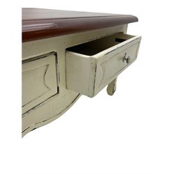 Laura Ashley coffee table, hardwood rectangular top on distressed painted base fitted with two drawers