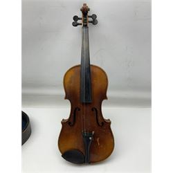 Czechoslovakian violin c1920 with 36cm two-piece maple back and ribs and spruce top, bears label 'Copy of Antonius Stradivarius Made in Czechoslovakia' L59cm; in carrying case; 1950s Czechoslovakian violin; and 195os Czechoslovakian three-quarter size violin; both cased (3)