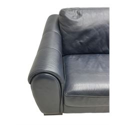 Large three-seat sofa (W212cm, H93cm, D102cm); and matching two-seat sofa (W175cm); upholstered in stitched navy blue leather 