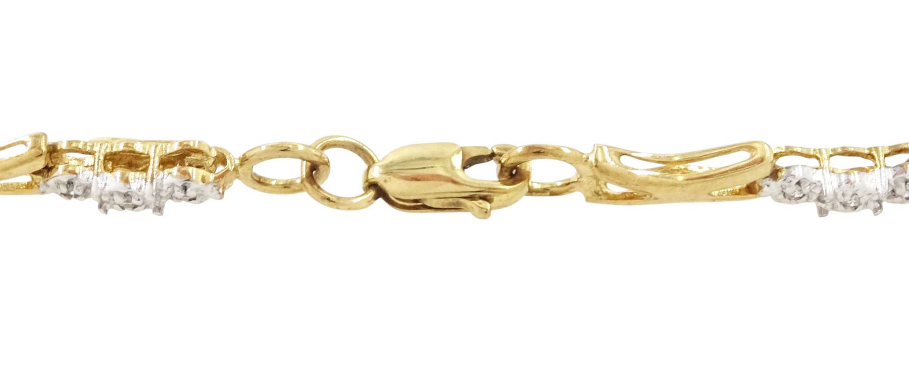 9ct gold diamond bracelet, twelve links set with three diamond chips, each spaced by a gold crossover link, hallmarked