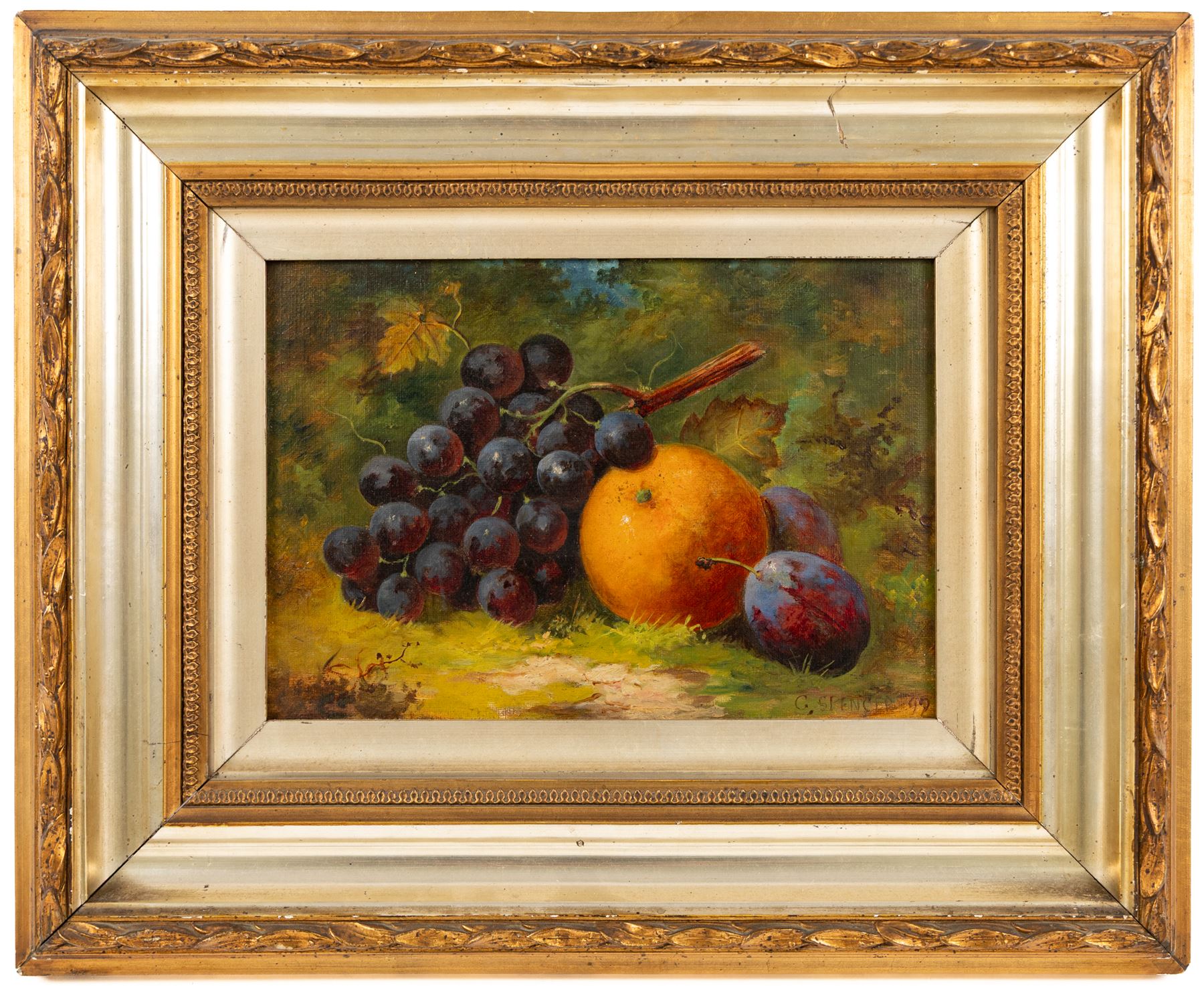 George Spencer (British 19th Century): Still Life of Fruits on a Bed of Grass, pair of oils on canvas board max 16.5cm x 24cm (2)