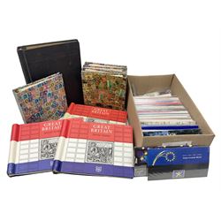 Royal Mail Queen Elizabeth II mint stamps in presentation packs, three part filled Stanley Gibbons 'Great Britain Special Stamps' albums, World stamps including Aden, Angola, Argentina, Australia etc, in various albums, in one box
