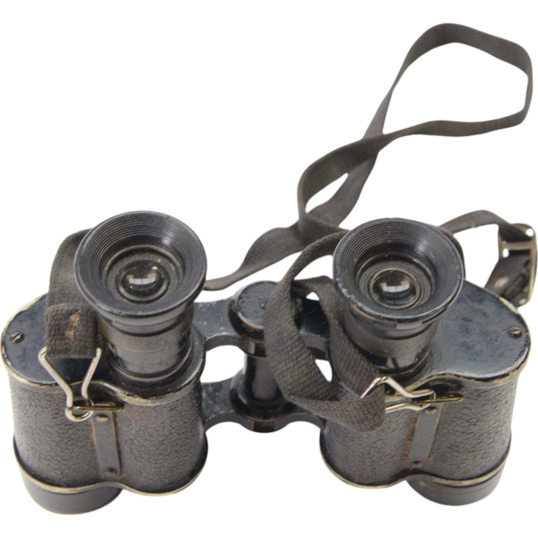 WWII Dolland of London Prismatic x6 field binoculars, with broad arrows marked to the body of the binoculars, the leather case with worn owners label to the inside, together with a cased pair of German field binoculars, with green paint finish, marked Germany-08 38226, together with two other cased pairs of binoculars 