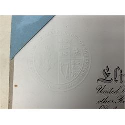 George VI Knight of the Garter cloth beret insignia with pin back and photograph of the Knight's Robes; Edmund Fellowes book on The Knights of the Garter 1348-1939; together with EIIR civilian OBE certificate to Jeffery Stanford Agate with facsimile signatures of Elizabeth II and Prince Philip