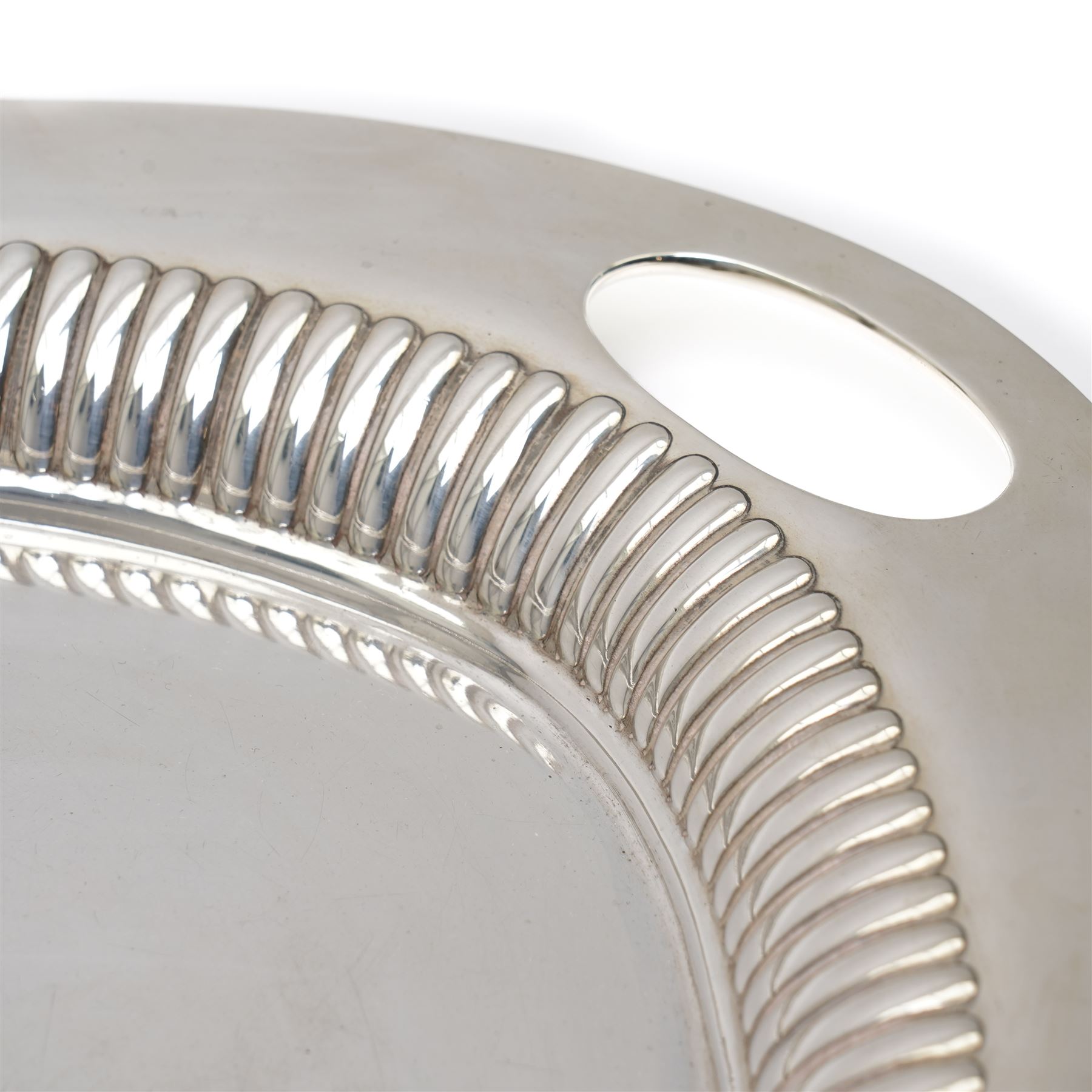 Silver oval tray with gadrooned edge and integral handled 65cm x 44cm Sheffield 1900 Maker Walker & Hall