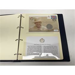 Stamp and coin covers, including 2006 'Her Majesty Queen Elizabeth II 80th Birthday' containing five pounds coin, first day covers relating to Diana Princess of Wales etc, housed in a ring binder folder