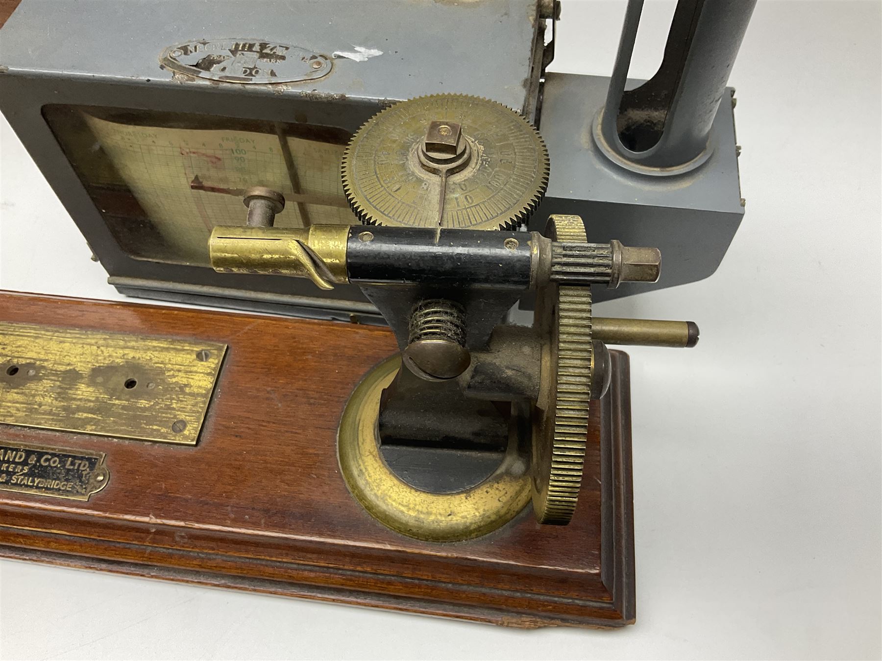 Collection of textile equipment, comprising, Goodbrand & Co. mahogany and brass yarn tester, Negretti & Zambra barograph and two sets of precision scales