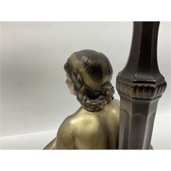Art Deco style bronzed and gilded spelter figural table lamp with green Uranium glass shade; H48cm, another table lamp; and a bisque group