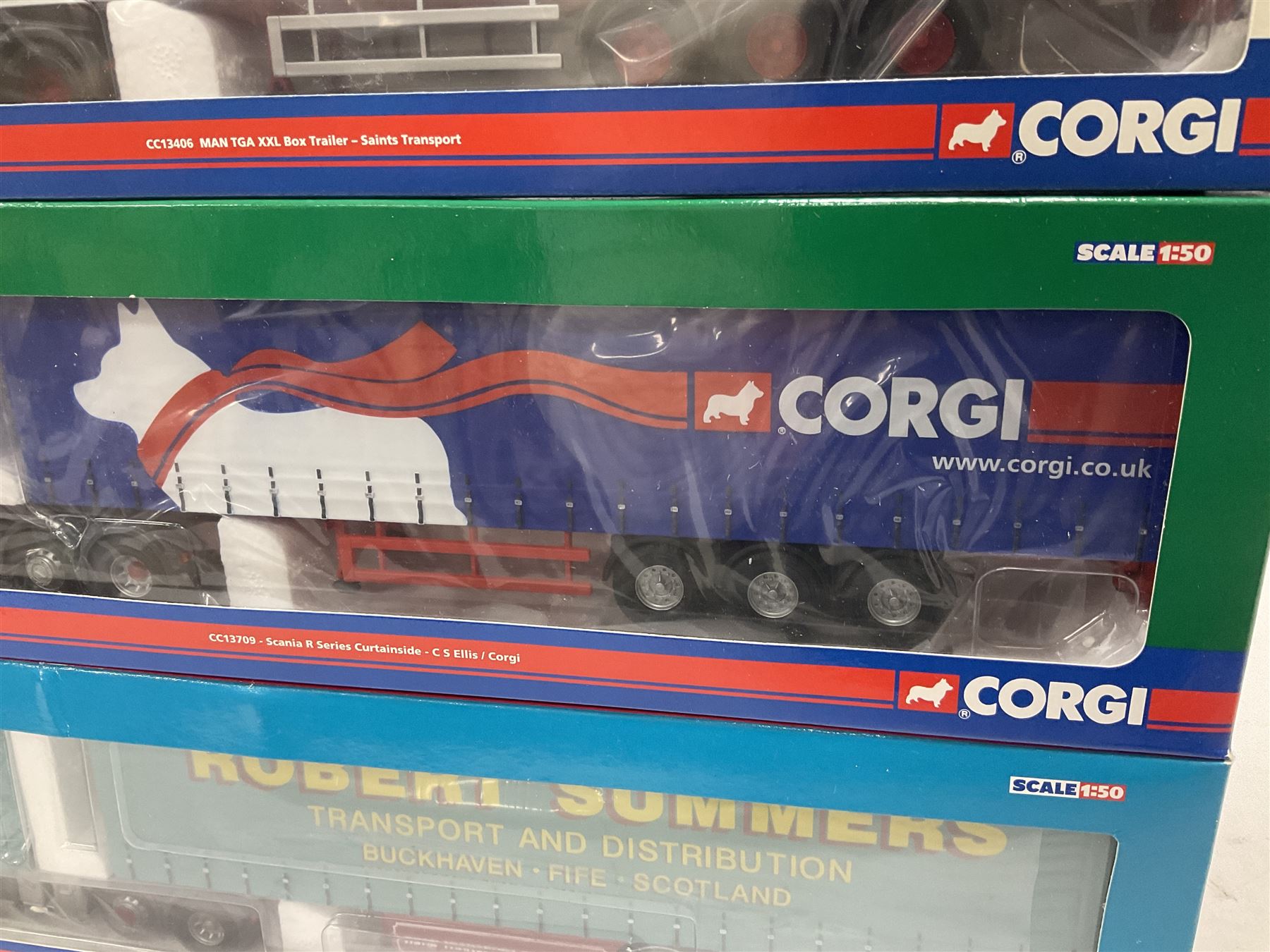 Corgi - three 'Hauliers of Renown' limited edition 1:50 scale heavy haulage vehicles comprising CC13803 Mercedes-Benz Actros Curtainside Robert Summers Transport Limited; and CC13406 MAN TGA XXL Box Trailer Saints Transport; all boxed (3)