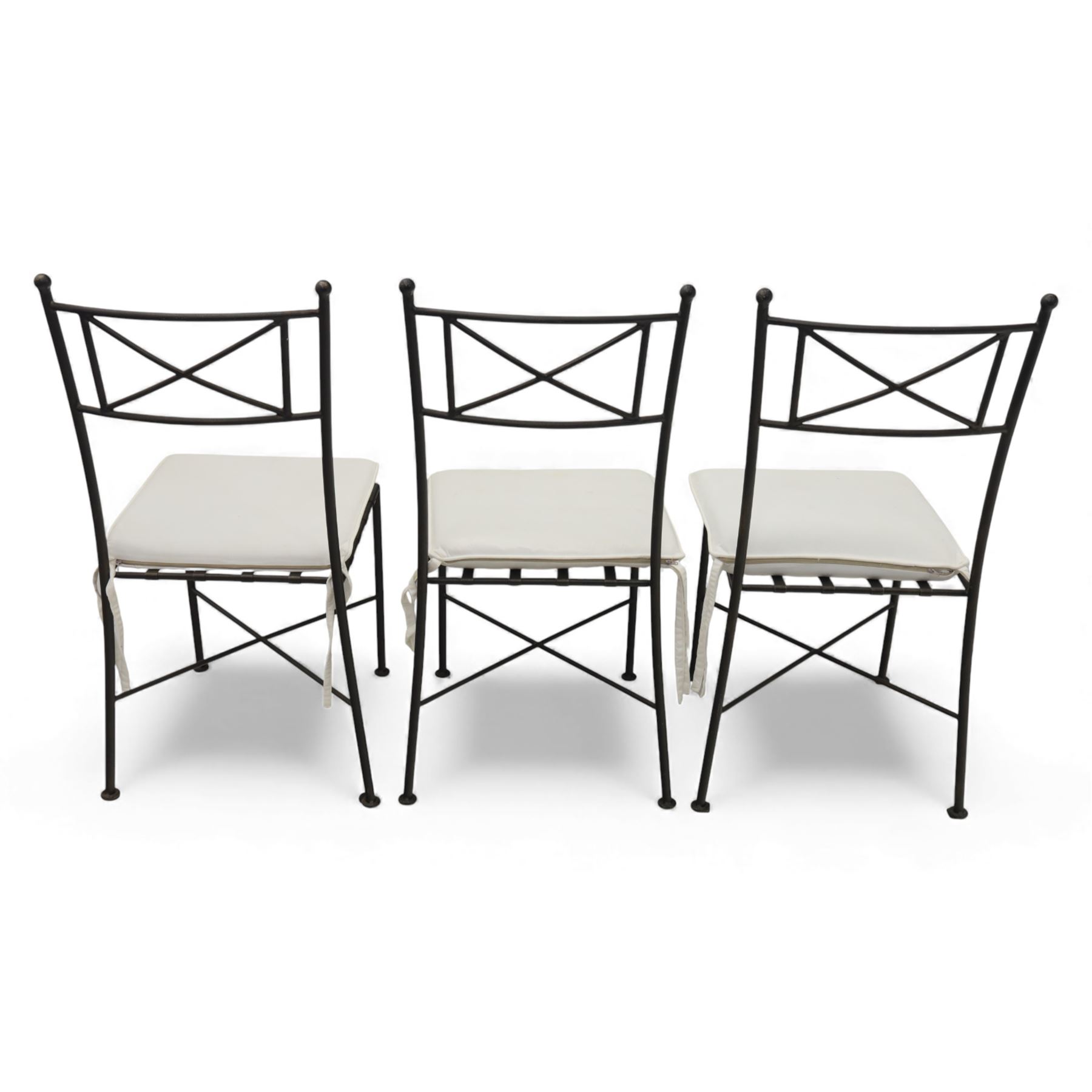 Modern metal and glass conservatory suite, comprising rectangular dining table with clear glass top and six matching metal framed chairs with upholstered seats, together with a matching glass topped coffee table
(Chairs H 92cm, W 42cm, Coffee table H 45cm, W 60cm)