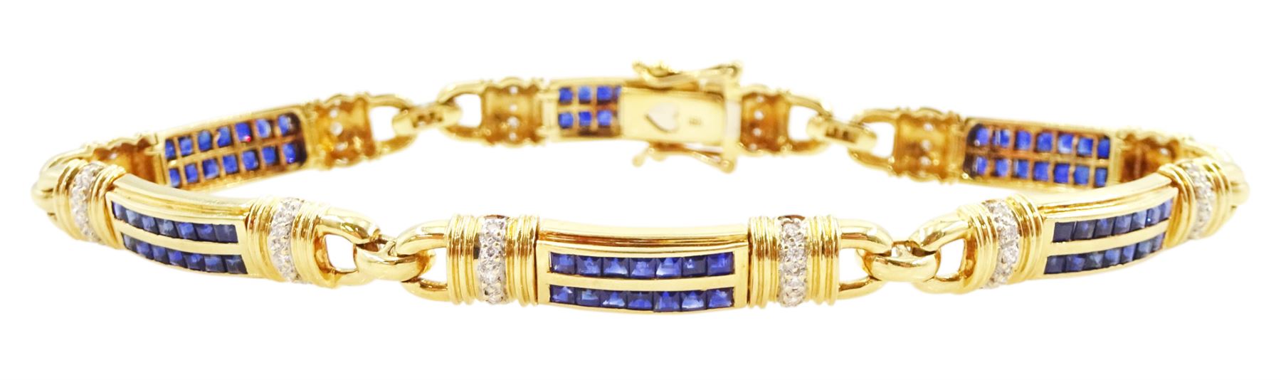 18ct gold sapphire and diamond bracelet, each link set with two rows of rectangular step cut sapphires, with pave set diamonds either side, stamped, total diamond weight 0.40 carat, total sapphire weight 2.50 carat, with World Gemological Institute report