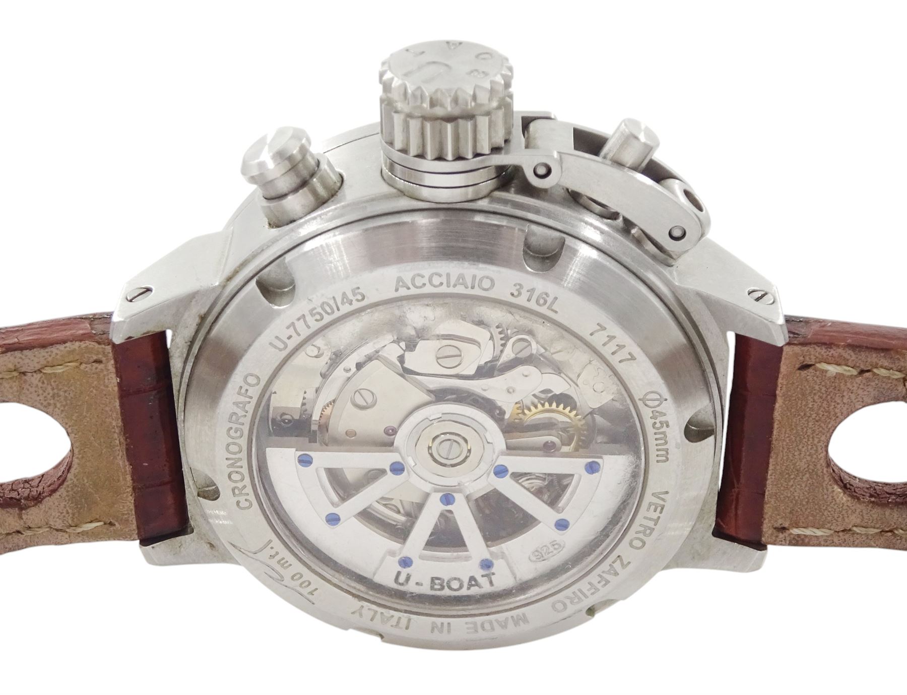 Italo Fontana U-Boat Flightdeck Cas Beige gentleman's stainless steel automatic watch, Ref. 7117, cream dial with Arabic hour markers and three subsidiary dials, on original brown leather strap, boxed with warranty card dated 2014