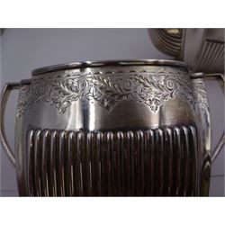 Victorian silver part tea service, comprising teapot, with ebonised handle and finial, and twin handled open sucrier, each of part fluted form with engraved foliate decoration, hallmarked Walker & Hall, Sheffield 1895, teapot H18cm