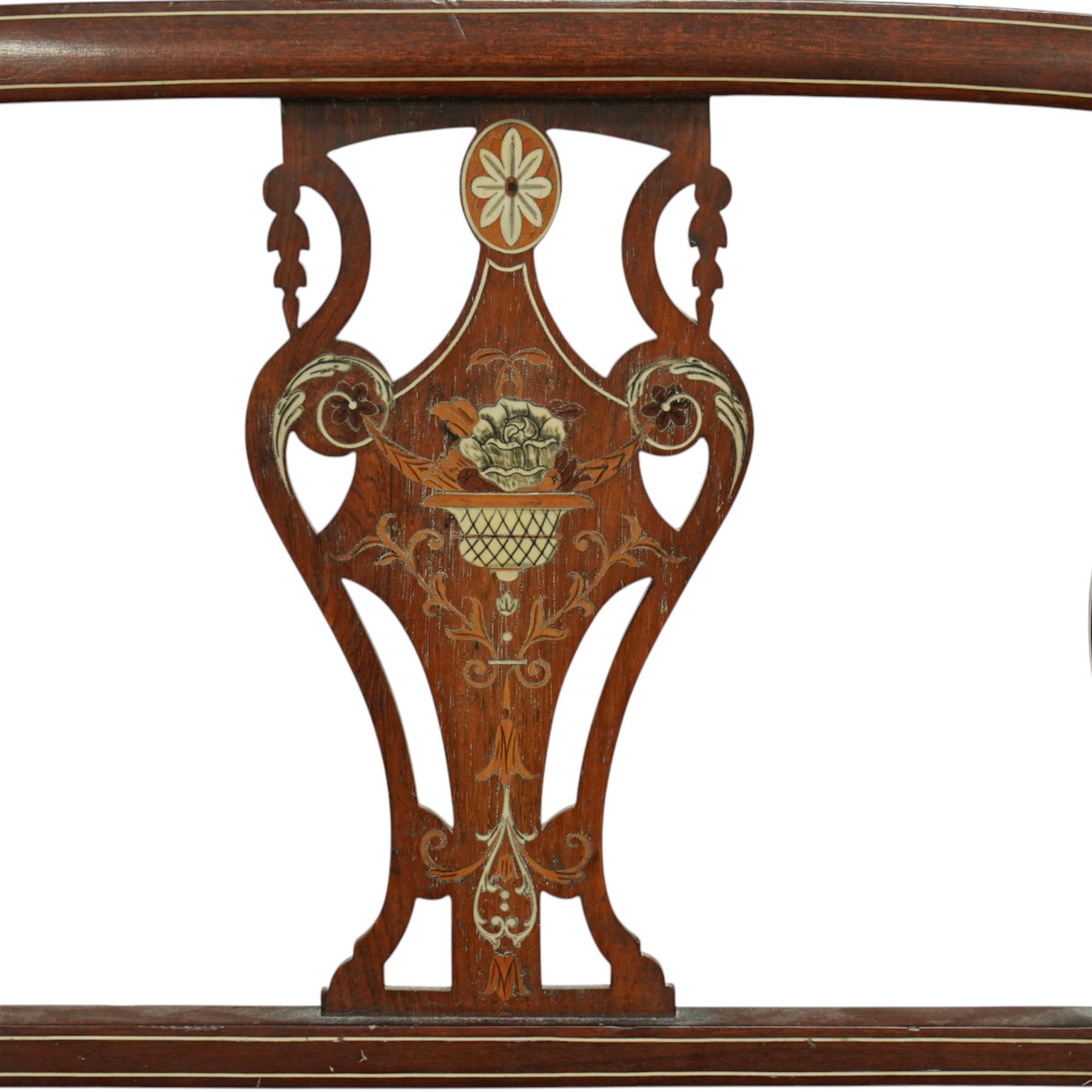 Edwardian marquetry inlaid mahogany salon settee, with bowed top rail and pierced splat back featuring central classical urn flanked by oval floral medallions, floral upholstered seat on boxwood strung square tapering legs terminating in spade feet