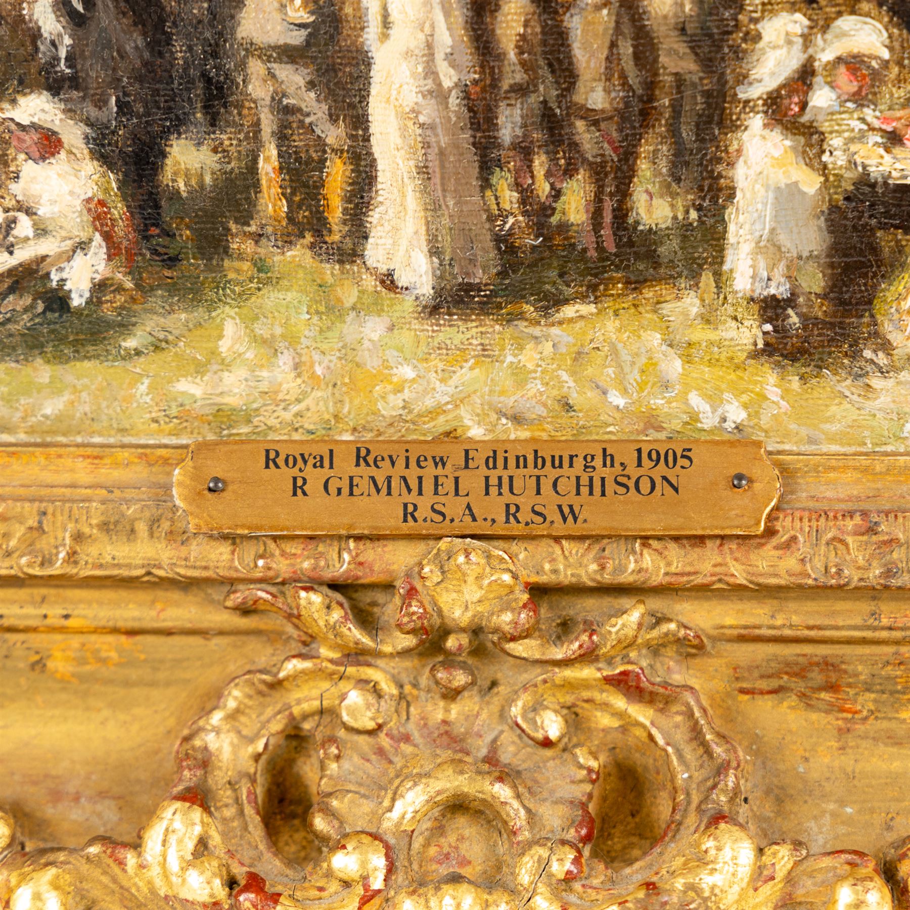 Robert Gemmell Hutchison (British 1855-1936): 'Royal Review Edinburgh - 1905', oil on canvas signed, titled on plaque 36cm x 49cm 
Provenance: private collection, purchased Omell Galleries, London 1990.
Notes: Likely the preparatory oil sketch for the larger version, sold Bonhams Fine Paintings sale, 7th December 2010, Lot 18, for £18,000. 