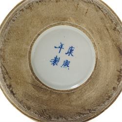 Chinese famille verte brush pot, decorated with mothers and children, Republic period, but bearing underglaze blue spurious four character mark of Kangxi to base, H19cm