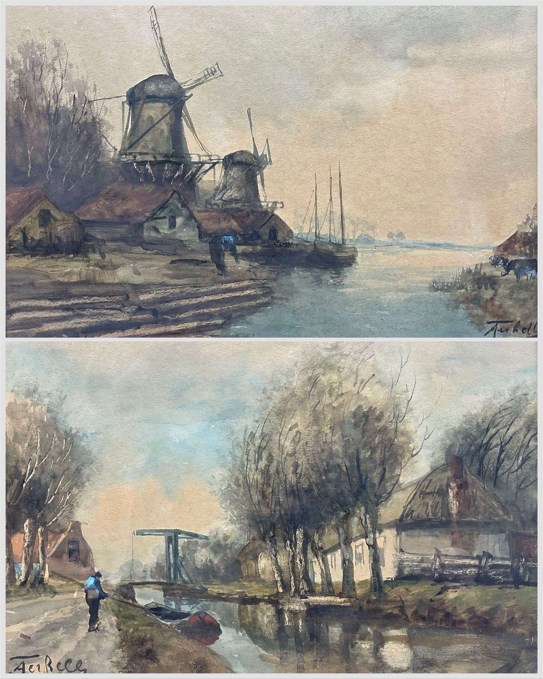 Adriaan Christiaan Willem Terhell (Dutch 1863-1949): Canal Scenes, pair watercolours signed, in matching frames 26cm x 36cm (2)