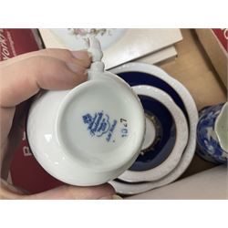 Echt Kobalt tea wares, comprising of tea cup, saucer and dessert plate, together with two Hutschenreuther plates of the month, another similar plate and a Ironstone hatpin holder, 'Gateway to the Moors North Yorkshire' oval oil on board signed by Valerie Barnaby, framed needlework, Leonardo Collection figure group, dressing table set, lamps etc in two boxes