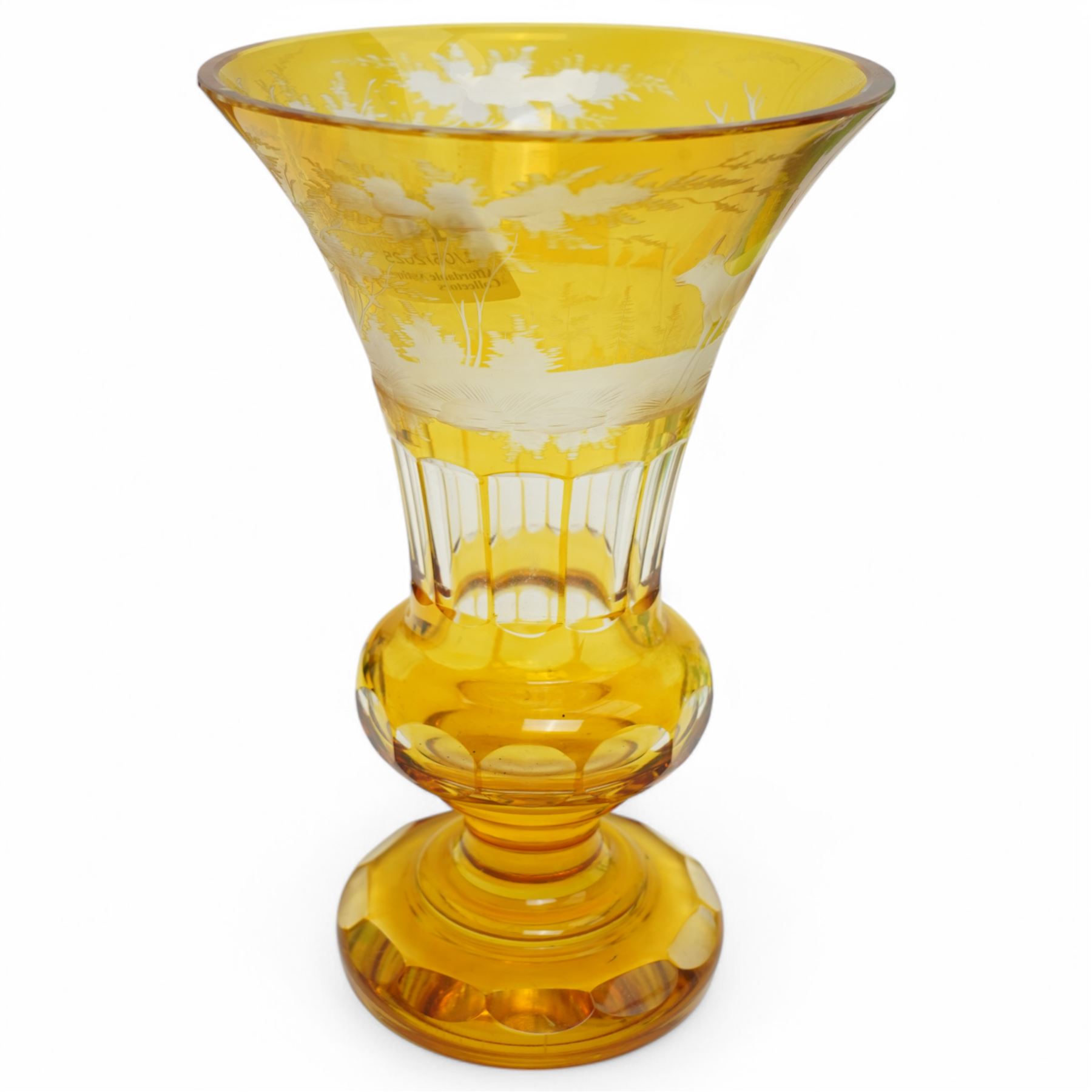 Pair of 19th century Jadeite green glass lustre vases H27cm and a Bohemian amber glass vase decorated with deer H23cm