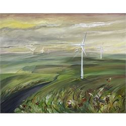 Paula Seller (Northern British Contemporary): Wind Turbines on the Yorkshire Wolds, acrylic on canvas signed with monogram and dated 2020, 41cm x 51cm (unframed)