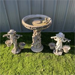 Pair of cast stone girl and boy ornaments,  and similar bird bath - THIS LOT IS TO BE COLLECTED BY APPOINTMENT FROM DUGGLEBY STORAGE, GREAT HILL, EASTFIELD, SCARBOROUGH, YO11 3TX