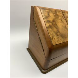 Late Victorian walnut correspondence box, the figured sloped front opening to reveal a fitted interior with letter rack, above a pull out drawer, H25cm W33cm D18.5cm