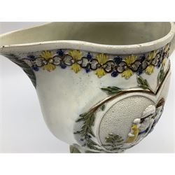 Early 19th century Prattware jug, circa 1800, decorated with two heart shaped panels of children, titled Sportive Innocence and Mischievous Sport, further decorated with acanthus and foliate borders, H22cm