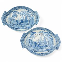 Pair of early 19th century Davenport oval dishes printed with the Chinese Garden pattern,  Copeland & Garrett late Spode soup tureen and an Amherst Japan punch bowl