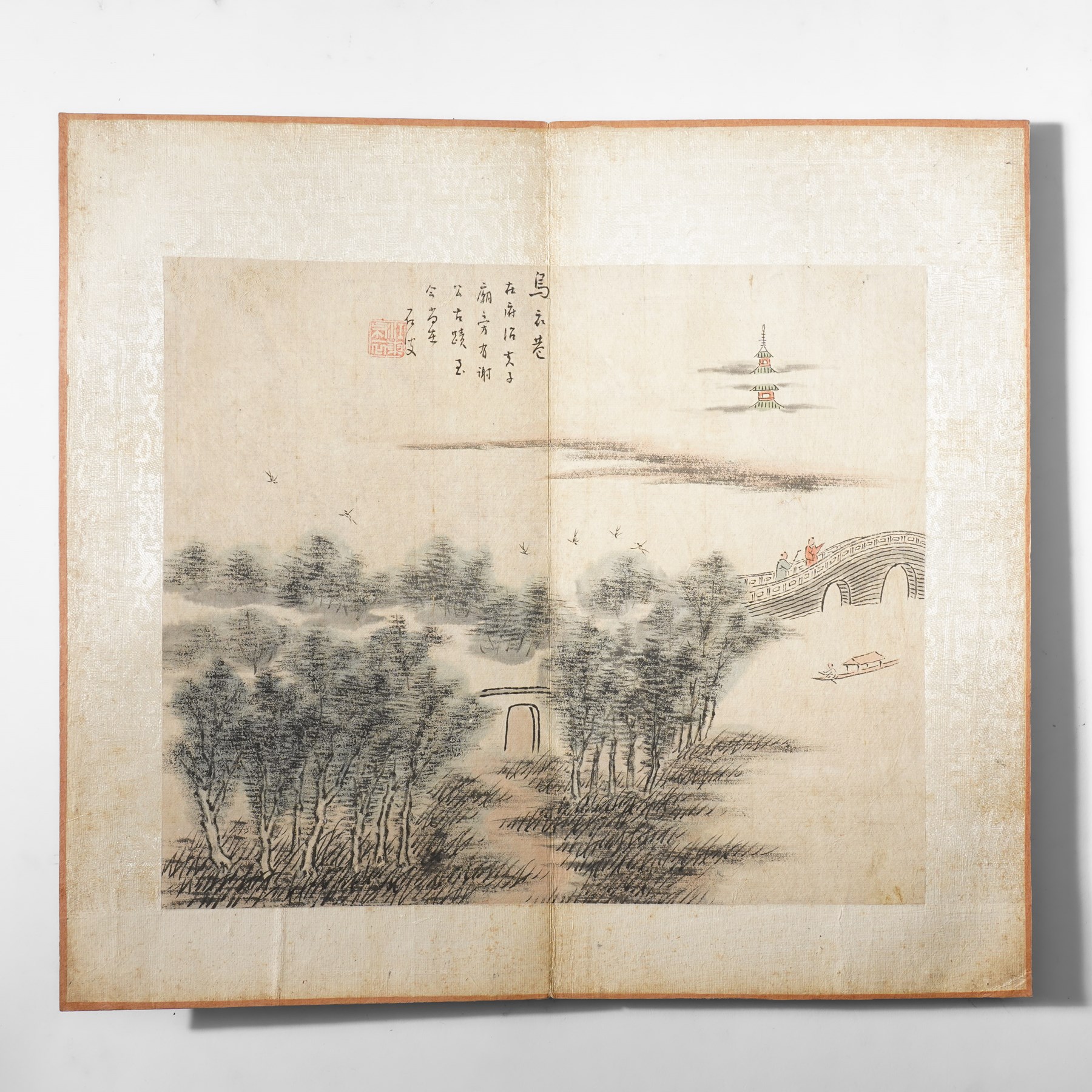Chinese fold out book, comprising 12 hand-coloured woodblock landscapes each bearing inscription and artists seal  