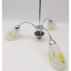  Vintage three branch ceiling light with frosted glass shades and chrome stem, W61cm x H47cm   