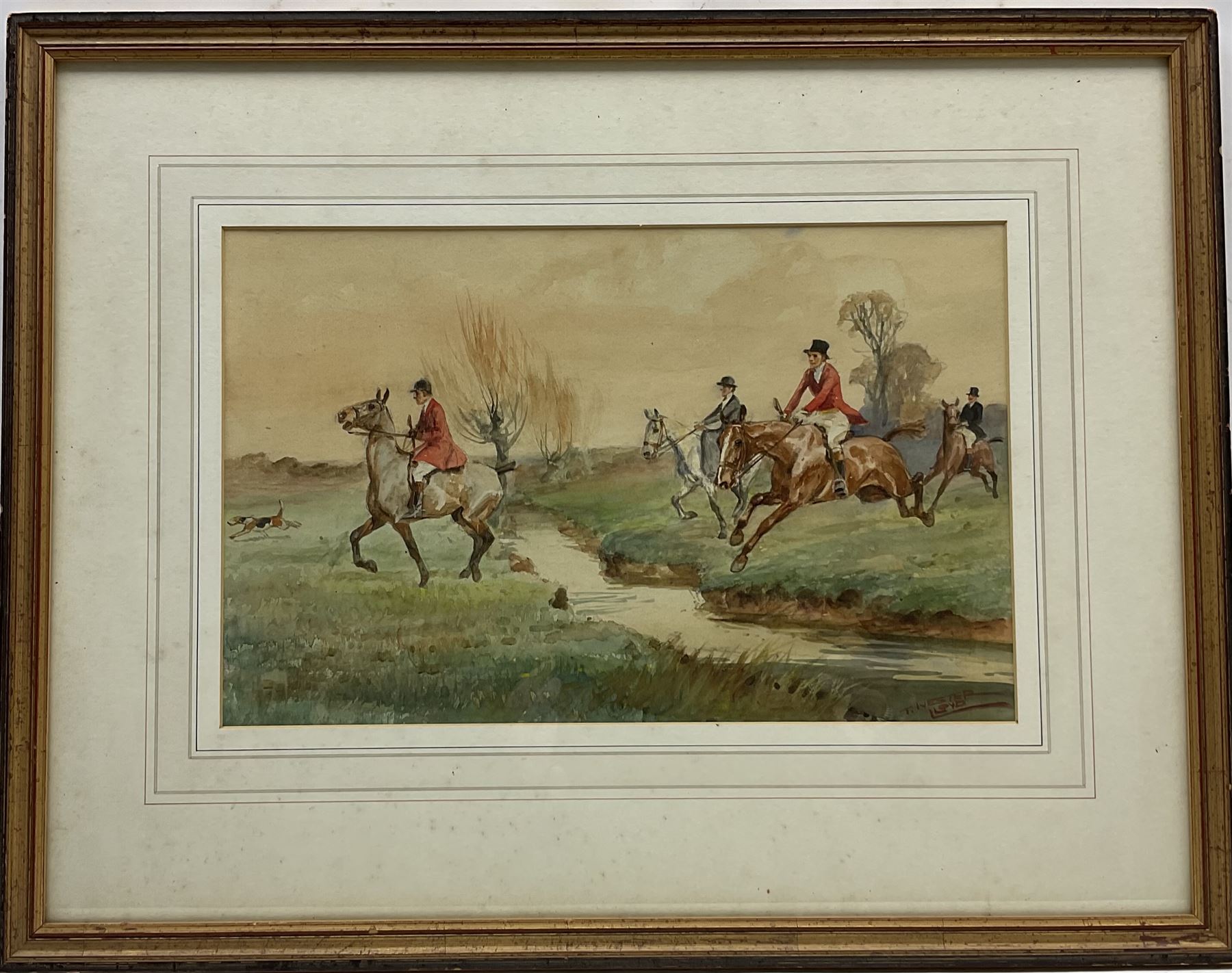 Thomas Ivester Lloyd (British 1832-1942): 'The Brook' - the Hunt clearing a Stream, watercolour signed, original titled mount verso 21cm x 34cm