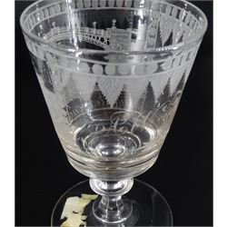 19th century glass rummer, the bucket shaped bowl engraved with two masted ship passing beneath Sunderland bridge, inscribed beneath 'Sunderland Bridge', and verso 'A W Thomas', upon a bladed knopped stem and spreading circular foot, H12.5cm