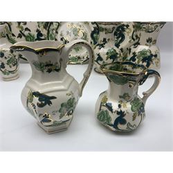 Collection of Masons Ironstone Chartreuse pattern, to include clock, six teacups, twin handled dish, ring dish, plates vases, etc, many with original boxes, clock H24cm 