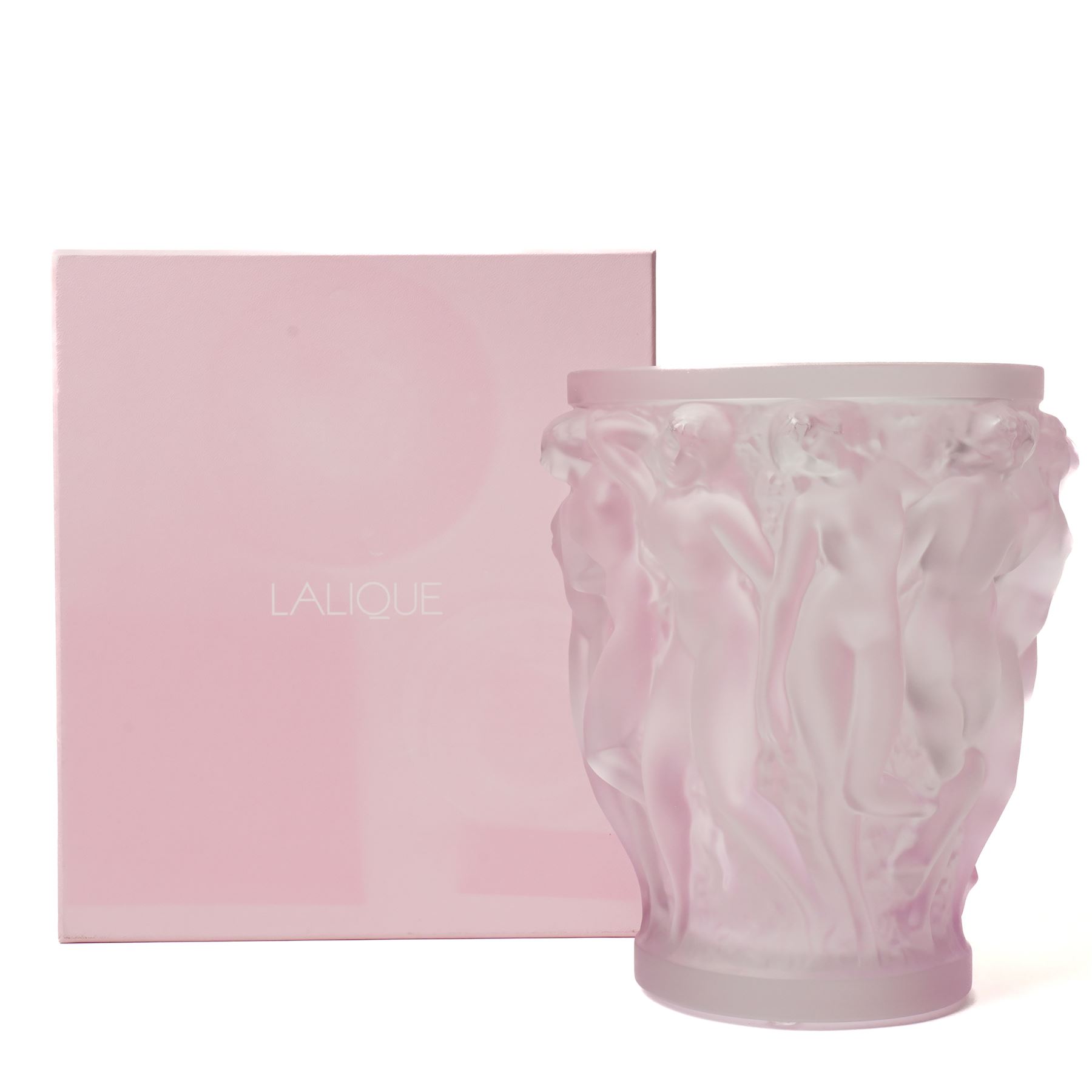 Lalique Bacchantes pattern frosted and clear pink glass vase signed 'Lalique France' H25cm in original pink Lalique box with guarantee etc