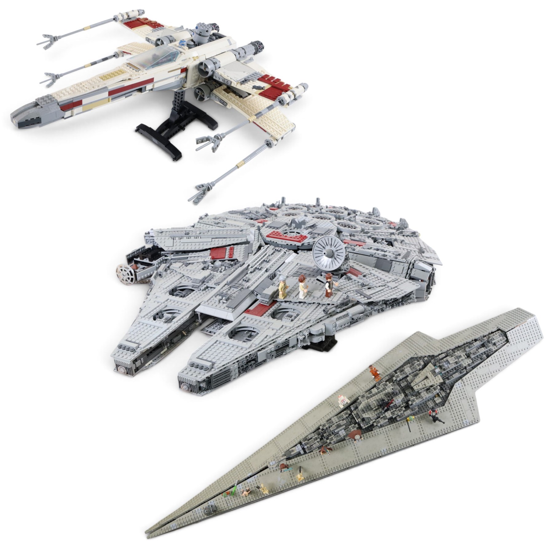 Three Lepin Star Wnrs built models, comprising Red Five X-Wing Starfighter no. 05039, Millennium Falcon no. 05132 and Super Star Destroyer no. 05028