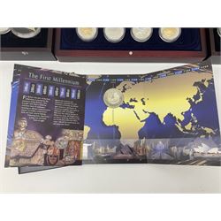 Single owner lifetime collection of mostly commemorative modern World coins with gold, silver and base metal examples, including two Queen Elizabeth II Bailiwick of Guernsey twenty-five pound gold coins 'The 1999 Royal Wedding' and '100th Anniversary of the End of the Victorian Era' 2001 each in 24 carat gold weighing 7.81 grams with certificates, silver coins commemorating the Millennium 2000 including Guyana sterling silver proof two-thousand dollars, Fiji sterling silver proof five dollars etc, silver coins from the Queen Elizabeth II Golden Jubilee Collection dated either 2002 or 2003 from Great Britain and the Commonwealth countries, United Kingdom commemorative crowns in card folders, The Royal Mint United Kingdom 1997 proof coin set in red folder without certificate etc