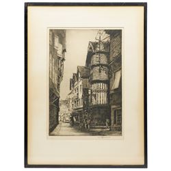 William Renison (Scottish 1893-1938): House of Saint Veronica - Via Dolorosa Jerusalem and French Town Centre; Frank Harding (British fl.1885-1890): 'Christchurch Priory'; John Fullwood (British 1851-1931): Churchyard, and Georges Huardel-Bly (French 1872-?): The Old Curiosity Shop, five monochrome etchings signed in pencil max 44cm x 30cm (5)