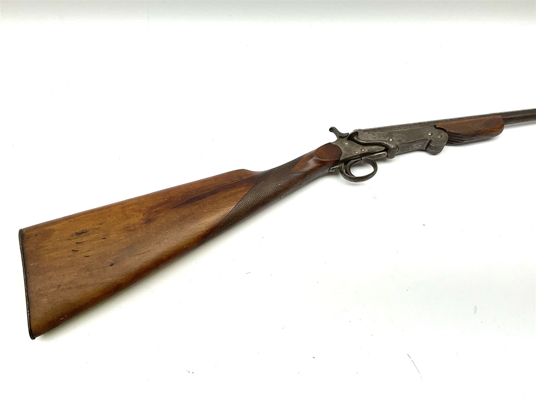 Belgian .410 folding 'poacher's' gun with 71.5cm barrel, side lever opening, centre hammer action and walnut stock with chequered grip and fore-end L110cm overall SHOTGUN CERTIFICATE REQUIRED
